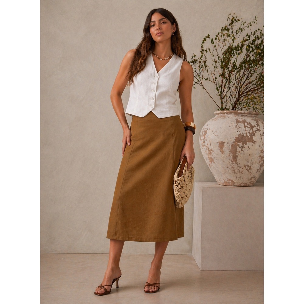 Cider Midi Skirt Women Sz 2XL Brown Minimalist Neutral Preppy Academia